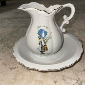 Hollie Hobbie White Ceramic Pitcher and Saucer Set